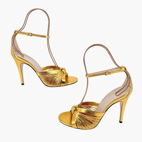 Gucci Crawford Knot Sandals EU 38.5 US 8.5 Gold Leather High Heel Shoe Allie - Picture 10 of 15